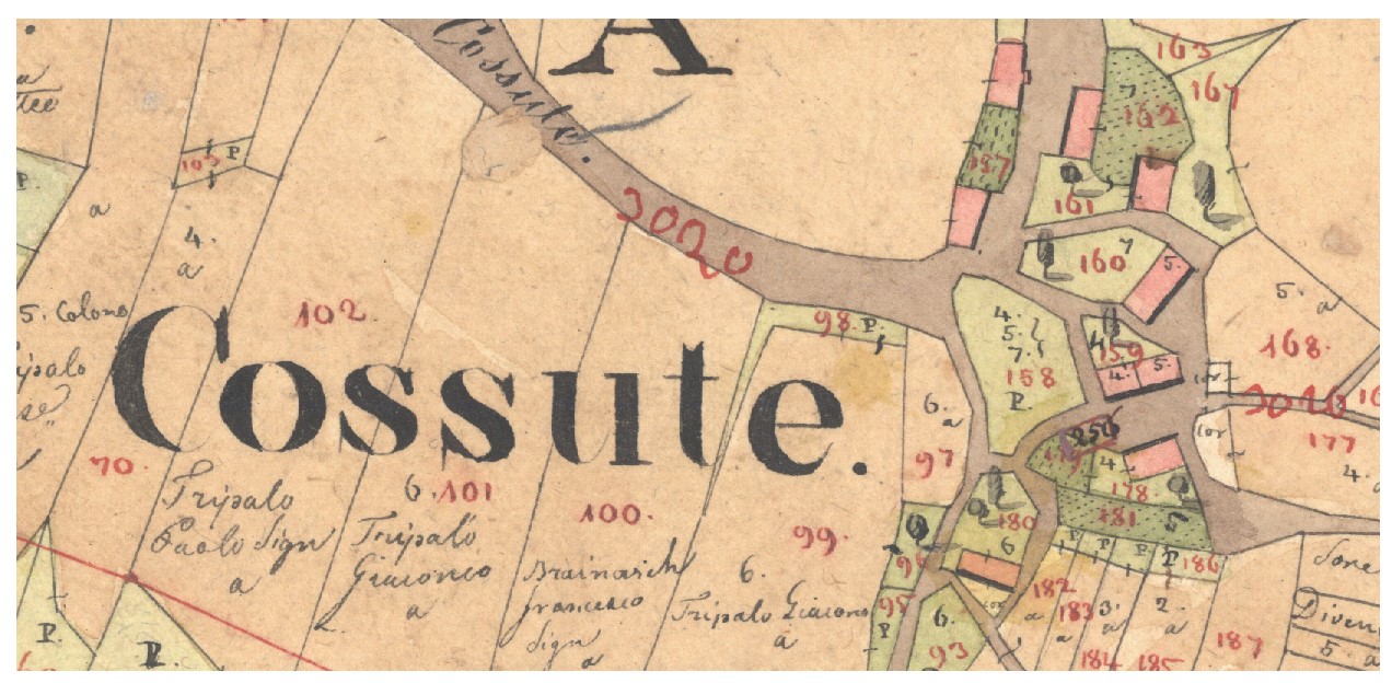 Naziv Košute u obliku "Cossute" na katastarskoj mapi iz 1832. godine. 