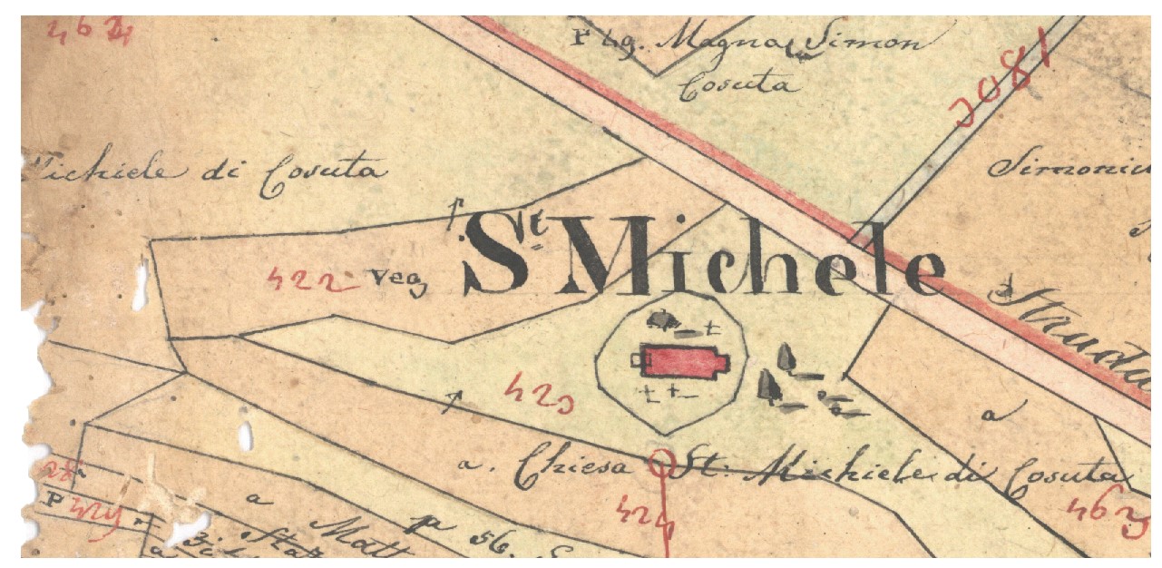 Sveti Mihovil košućki ("Chiesa St. Michiele di Cosute") na katastarskoj mapi iz 1832. godine.