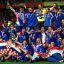 The Croatian soccer team celebrate after winning the soccer World Cup 98 third-place playoff match against the Netherlands 2-1 at the Parc des Princes in Paris Saturday July 11, 1998. (AP Photo/Luca Bruno)