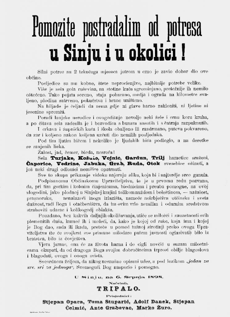 Molba sinjskog načelnika za pomoć, Sinj, 6. VII. 1898. (NAS, SM, Spisi 1898.)